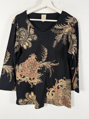 Jess & Jane Womens Paisley Works Top Medium Black V-Neck 3/4 Sleeve Knit USA